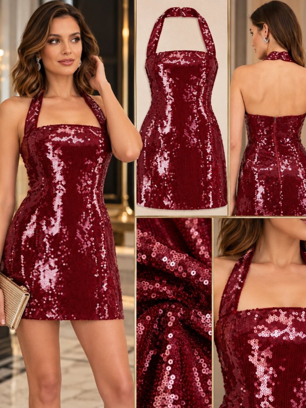 Bardot Burgundy Sequin Halter A Line Mini Cocktail Party Dress Size 10 NWT